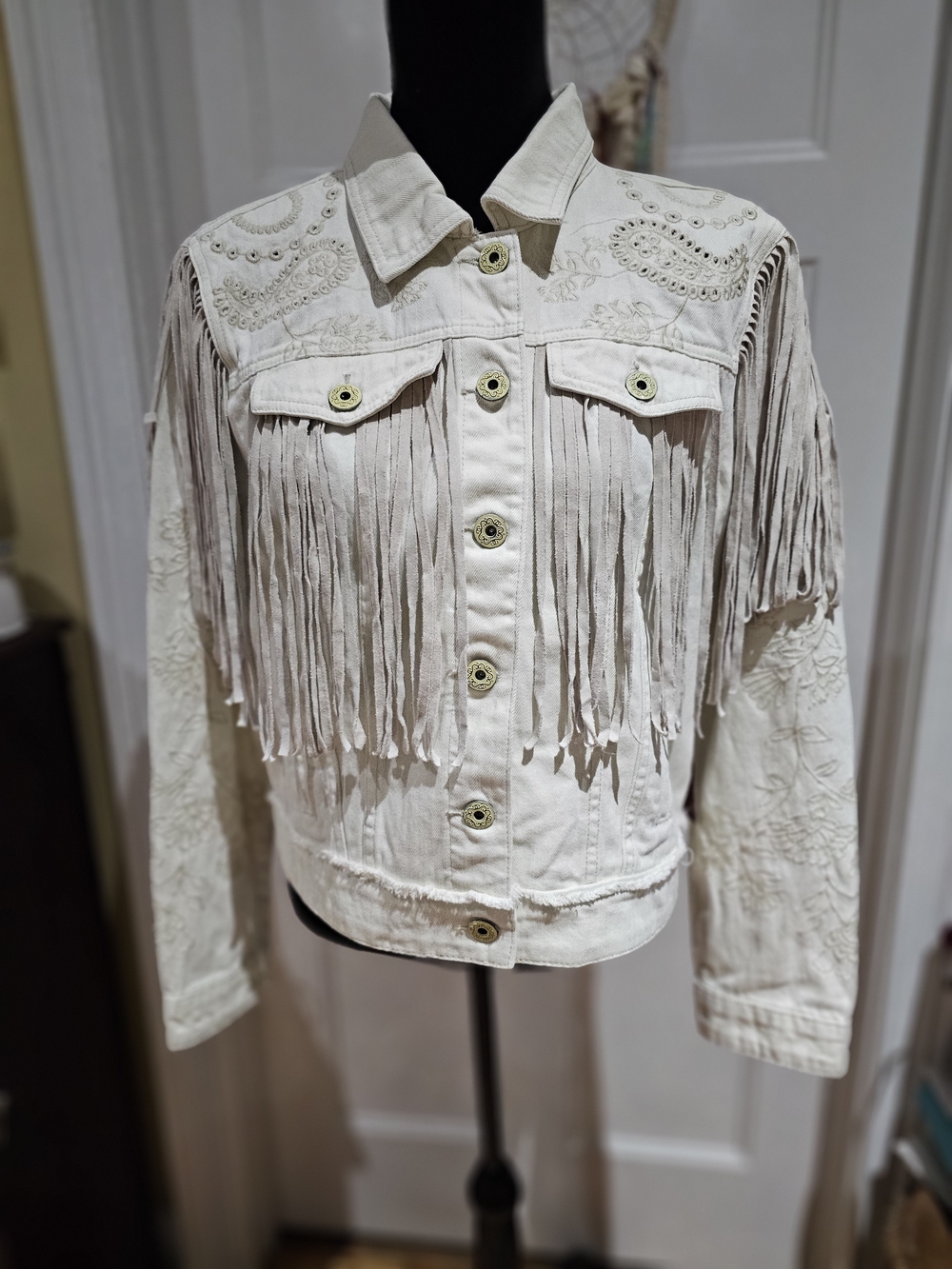 Scully Cream Fringe Embroidered Denim Jacket, NWT